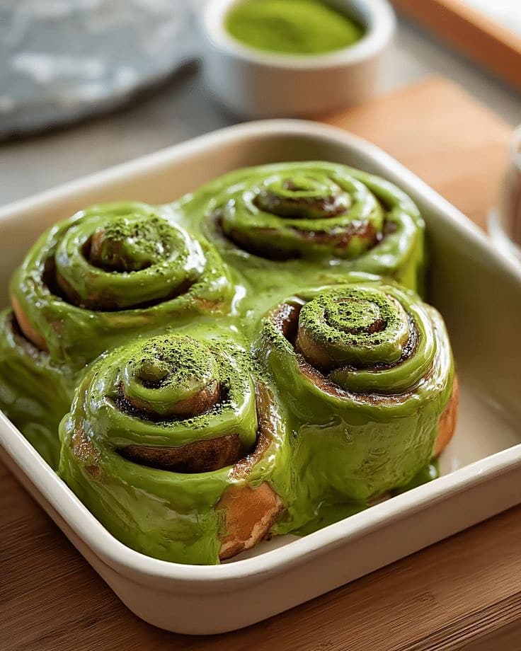 Cinnamon rolls nappés d'un glaçage au matcha vert dans un plat